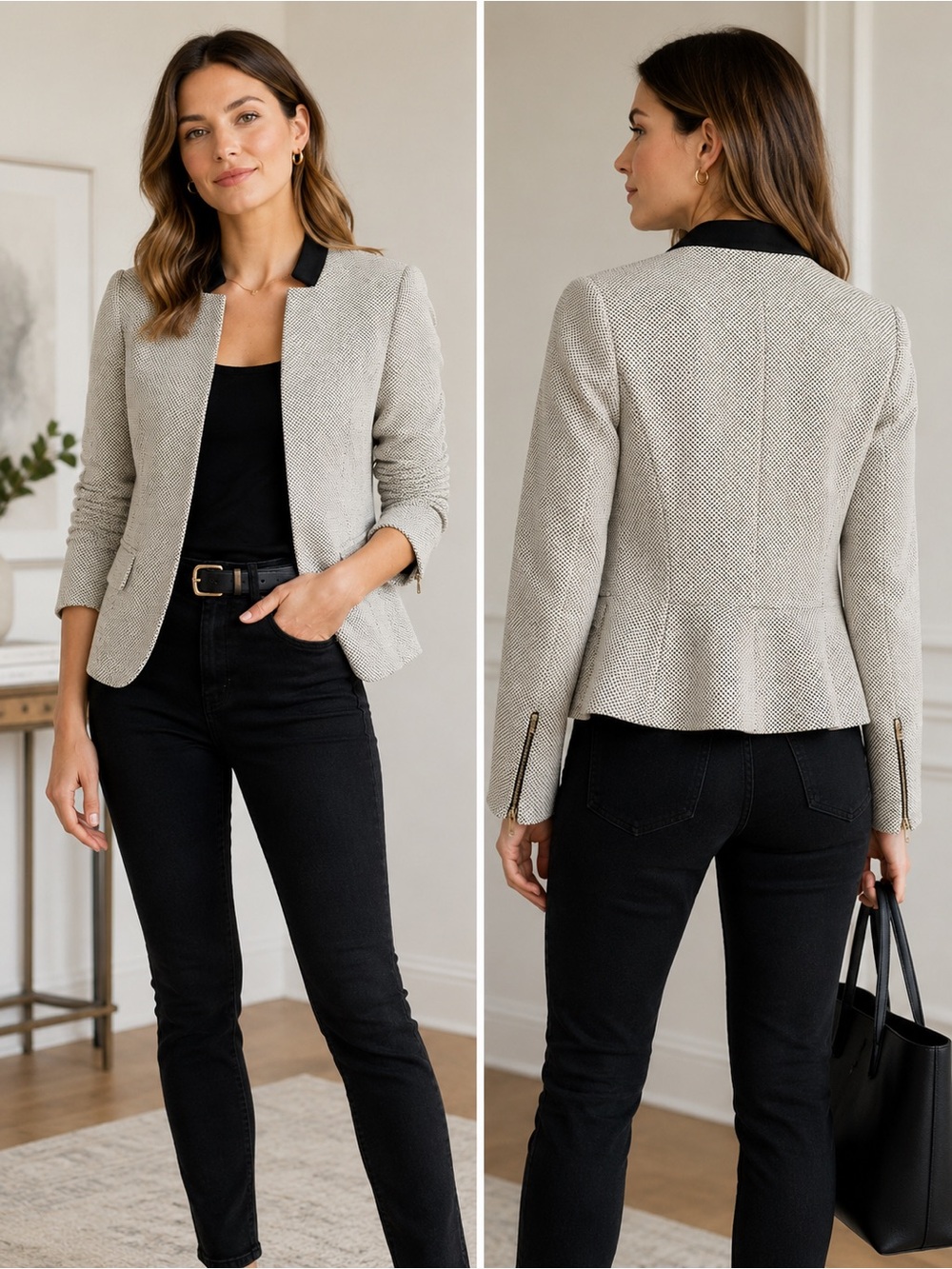 Rebecca Taylor Black & White Textured Collarless Blazer Size 4 Fall Ready! - Picture 2 of 6